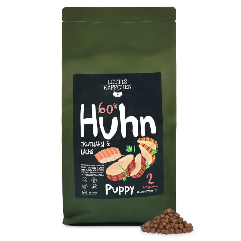 Sparpaket 2 x 2 kg Lottis Häppchen 60 % Huhn, Truthahn & Lachs Puppy Hunde Trockenfutter Schneller Versand